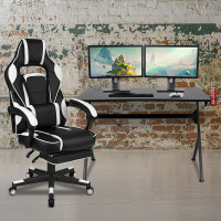 Flash Furniture BLN-X40D1904-WH-GG Black Gaming Desk with Cup Holder/Headphone Hook/2 Wire Management Holes & White Reclining Back/Arms Gaming Chair with Footrest